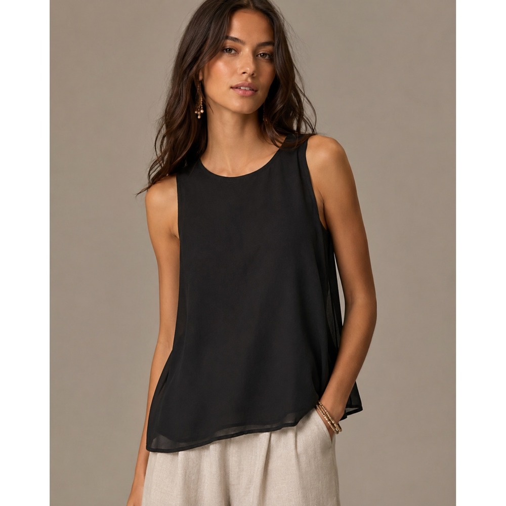 Pleione Sleeveless Chiffon Blouse XS (S/M Fit) Black Keyhole Back Layered Hem